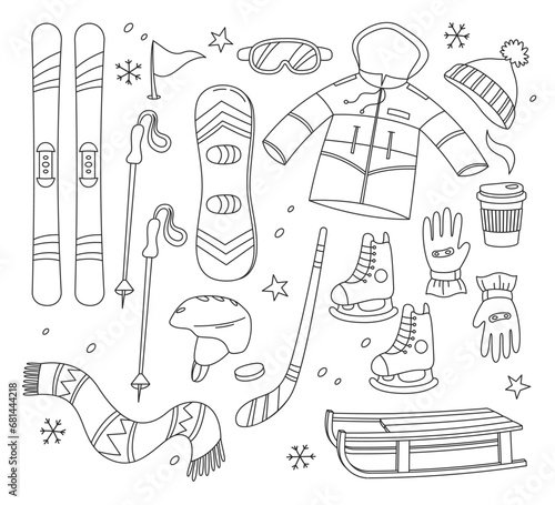 Winter sports equipment for extreme snow activities black-and-white doodles isolated set