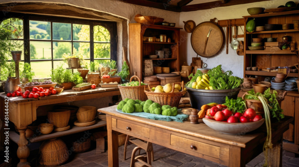 A kitchen filled with lots of different types of vegetables