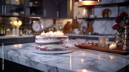 A marble counter top with a cake on it