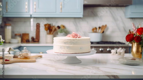 A white cake sitting on top of a kitchen counter photo