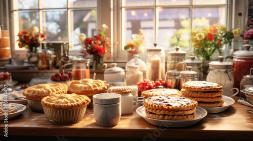 A wooden table topped with lots of pies and muffins photo