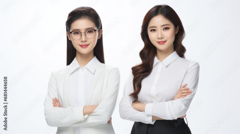 Two Asian business women in white shirts and black pants