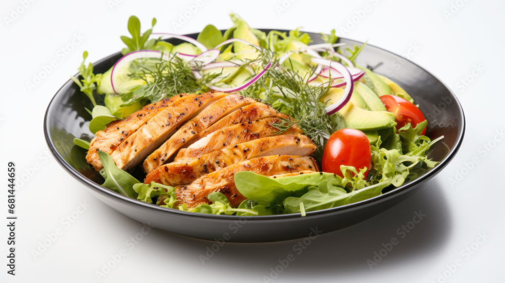 A salad with chicken, lettuce, tomatoes and avocado A salad with chicken, lettuce, tomatoes and avocado