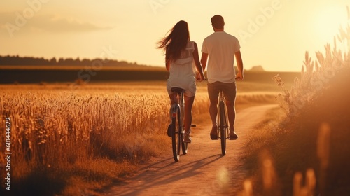A man and a woman riding bikes down a dirt road © allportall