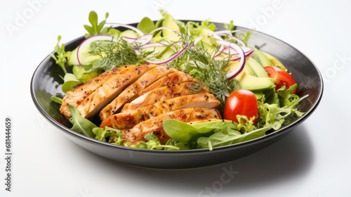 A salad with chicken, lettuce, tomatoes and avocado