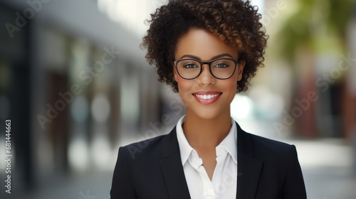 A woman in a suit and glasses smiling