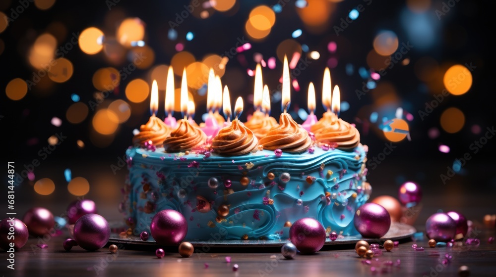 A blue birthday cake with lit candles on it