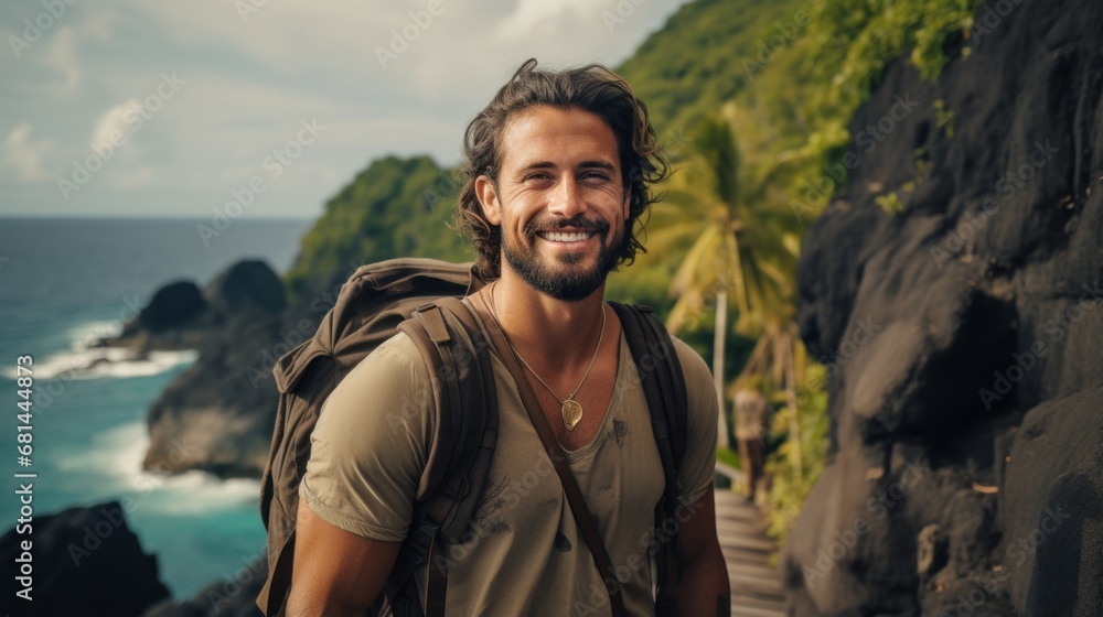 A man with a backpack standing on a cliff by the ocean A man with a backpack standing on a cliff by the ocean