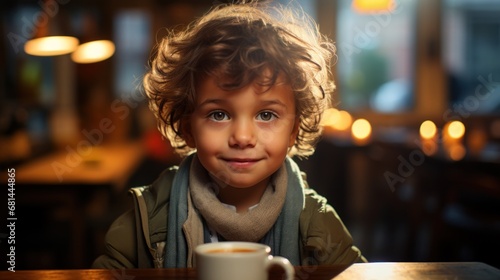 A little boy sitting at a table with a cup of tea