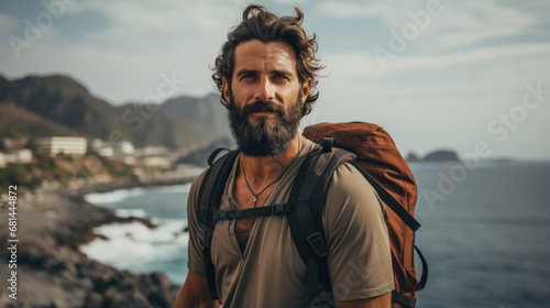 Adult man with backpack standing by the sea and sky © allportall