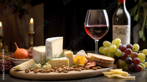 A plate of cheese, crackers, grapes, nuts and a glass of wine