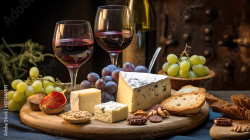 A wooden plate topped with cheese and wine