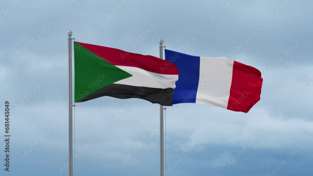France and Sudan flags waving together on cloudy sky, endless seamless loop, two country relations concept France and Sudan flags waving together on cloudy sky, endless seamless loop, two country relations concept