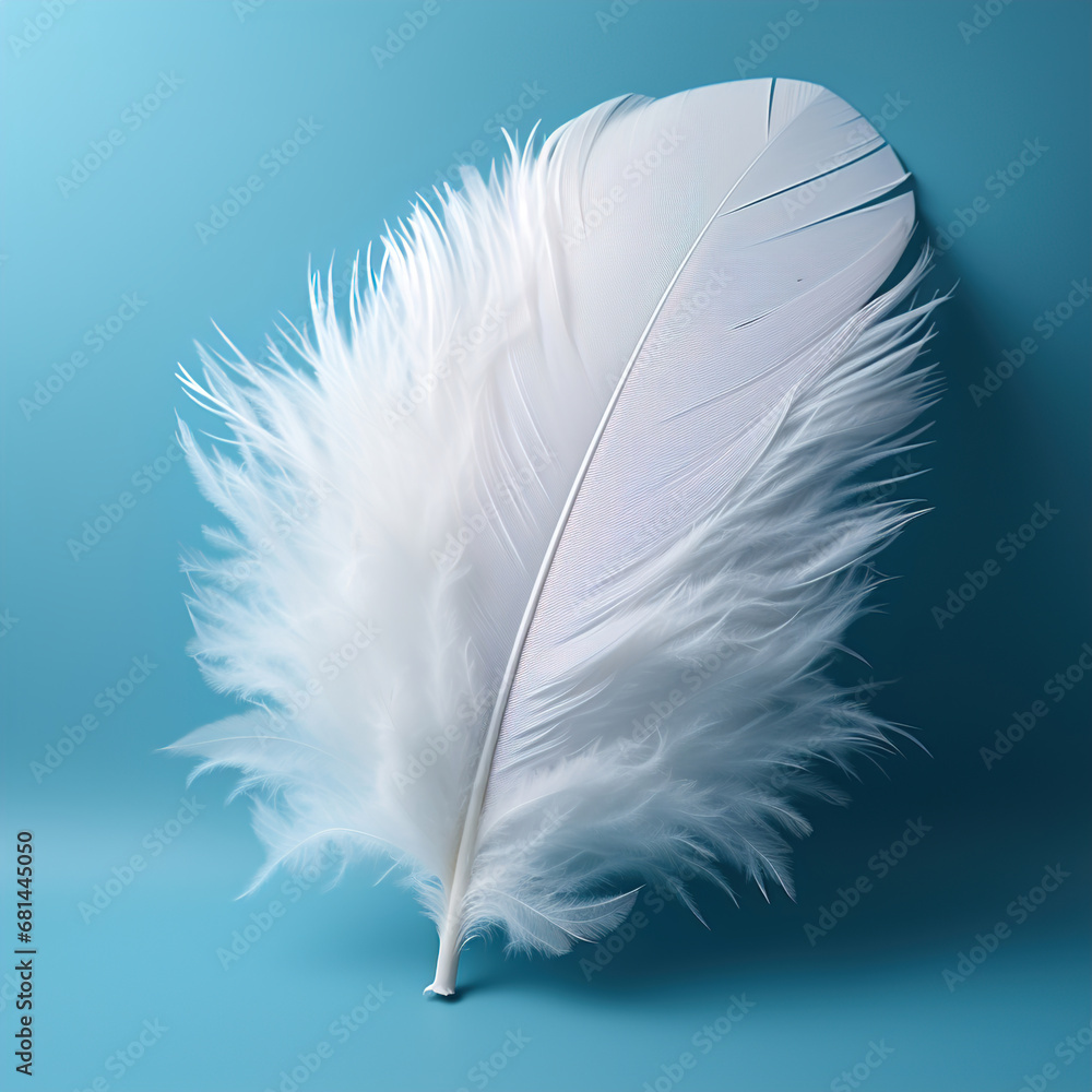 A white feather on a blue background. Isolated cutout. A white feather on a blue background. Isolated cutout.