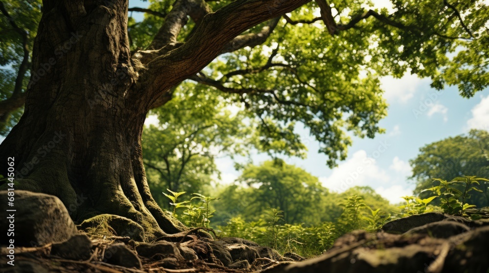 A view from below of a lifeless tree trunk reaching