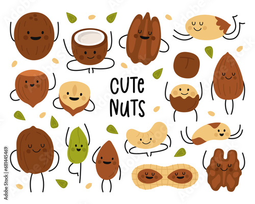 Cute nuts happy flat cartoon characters smiling, meditating, jumping, waving hands isolated set