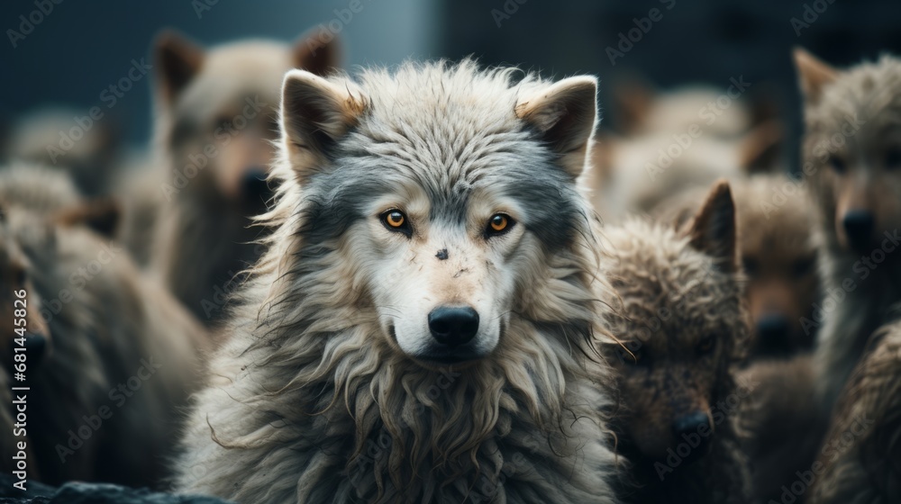 Close-up defocused image of a wolf among sheep