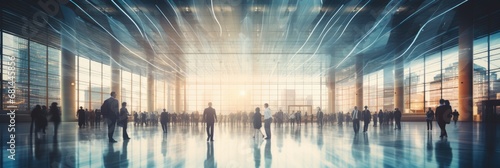 Crowd of blurred business people walking in a modern entrance by Generative AI photo