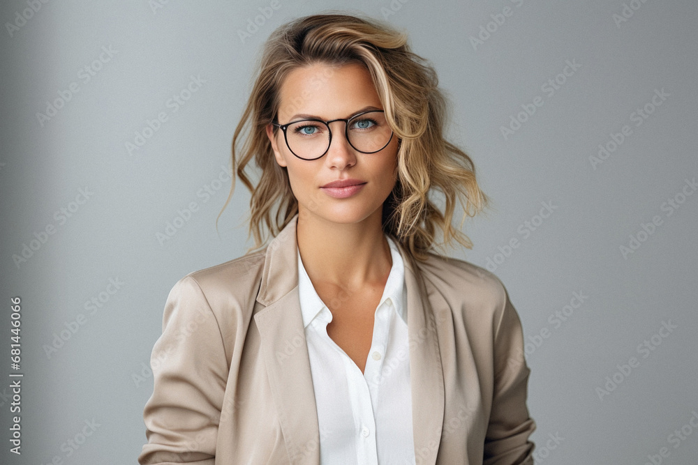 Beautiful businesswoman in eyeglasses looking at camera isolated on grey.
