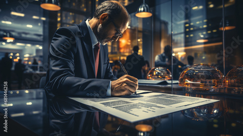 a businessman in a suit sits in an office and signs an important document