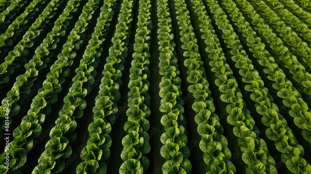 Vibrant green lettuce farm rows under sunlight Vibrant green lettuce farm rows under sunlight