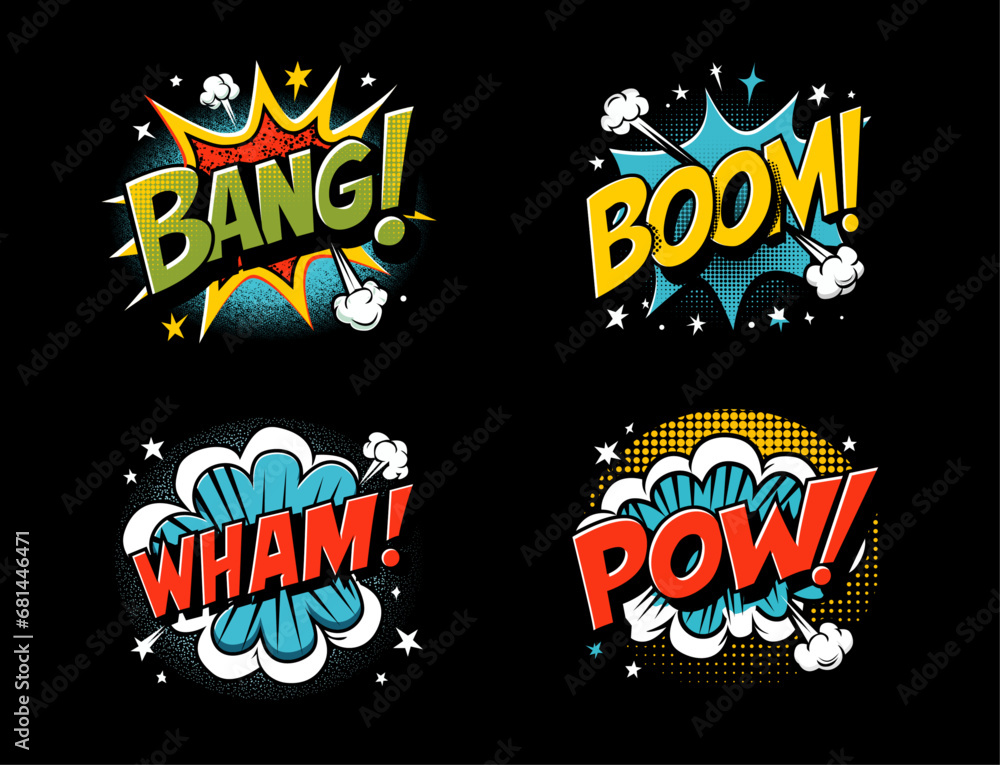 Bang boom wham wow tshirt idea lifestyle pop culture vintage comic book vector illustration sweatshirt clothing - obrazy, fototapety, plakaty 
