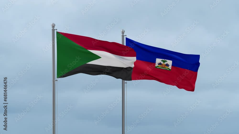 Haiti flag and Sudan flag waving together on cloudy sky, endless seamless loop, two country relations concept Haiti flag and Sudan flag waving together on cloudy sky, endless seamless loop, two country relations concept