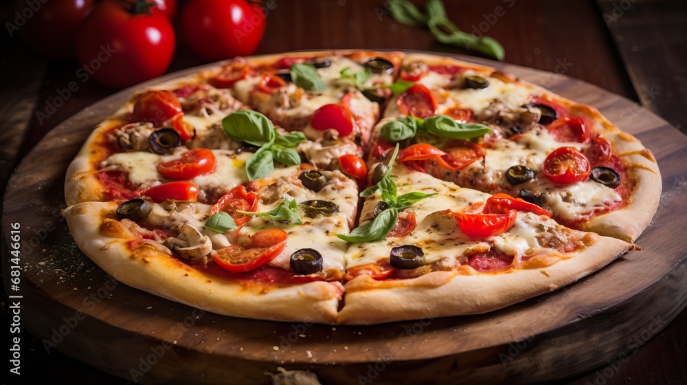 Delicious homemade pizza with fresh toppings on wooden board