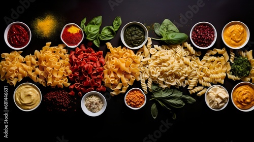 colorful pasta selection with fresh herbs and gourmet sauces photo