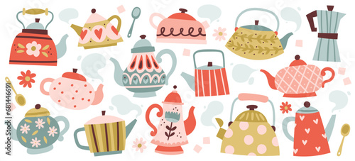 Different hand drawn porcelain, faience, ceramic teapots and metal cezve pot vector illustration photo