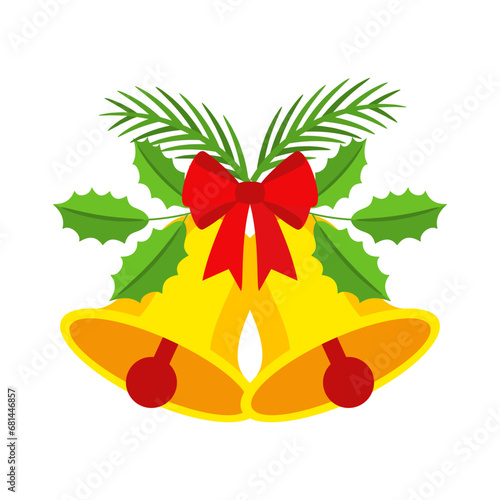 Two Christmas bells with red bow and leaf decor.