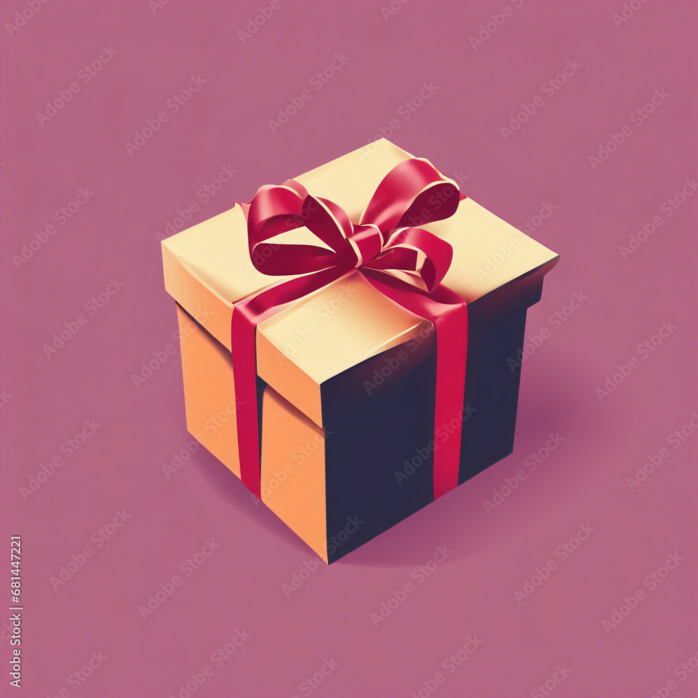 Closed yellow gift box or yellow present box with red ribbons and bow on red background with shadow 3D, Generative AI
