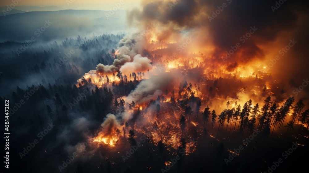 An aerial view of a forest fire