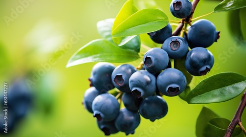 Ripe blueberries on the branch with green leaves photo