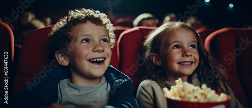 Child boy and girl watching a movie and eating popcorn in a cinema. Brother and sister sitting and eating popcorn. Joyful family in the cinema watching an exciting movie. Generative ai photo