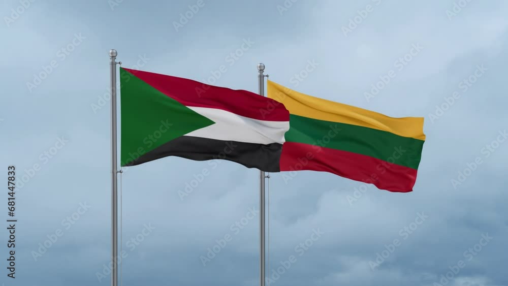 Lithuania flag and Sudan flag waving together on cloudy sky, endless seamless loop, two country relations concept Lithuania flag and Sudan flag waving together on cloudy sky, endless seamless loop, two country relations concept