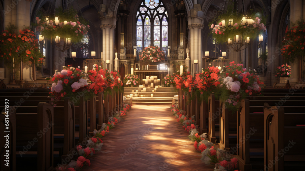 A church adorned with beautiful flowers and flicker