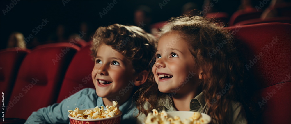 Child boy and girl watching a movie and eating popcorn in a cinema. Brother and sister sitting and eating popcorn. Joyful family in the cinema watching an exciting movie. Generative ai