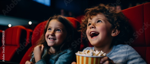 Child boy and girl watching a movie and eating popcorn in a cinema. Brother and sister sitting and eating popcorn. Joyful family in the cinema watching an exciting movie. Generative ai