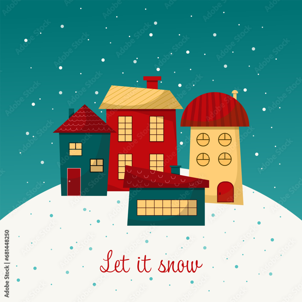 Christmas city. Winter landscape, houses. Let it snow. Postcard, cartoon poster. Vector illustration.