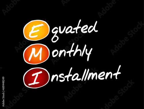 EMI Equated Monthly Installment - fixed payment amount made by a borrower to a lender at a specified date each calendar month, acronym text concept background