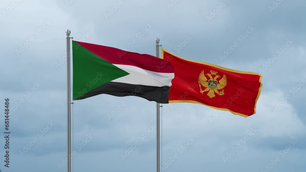 Montenegro and Sudan flag waving together on cloudy sky, endless seamless loop, two country cooperation concept Montenegro and Sudan flag waving together on cloudy sky, endless seamless loop, two country cooperation concept
