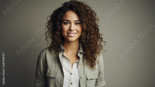 Portrait of beautiful young woman with curly hair smiling at camera.