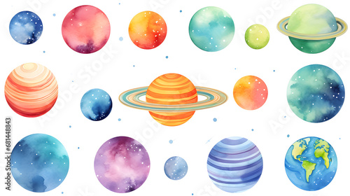 Watercolor planets, solar system illustration set isolated on white background