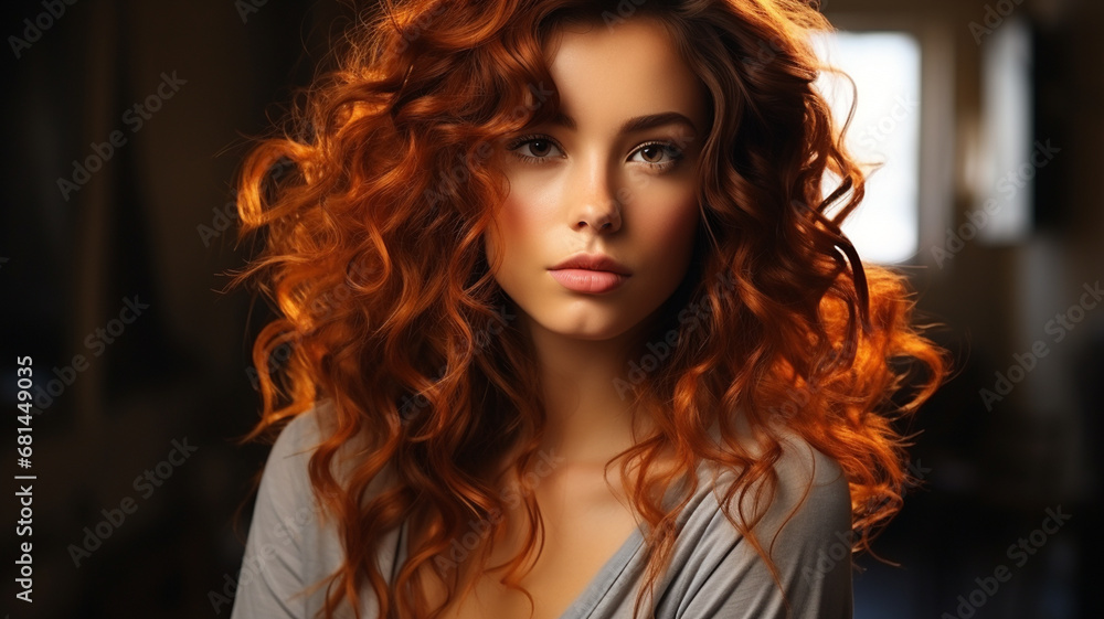 young woman with curly hair in a vintage interior