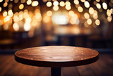 background Image of wooden table in front of street abstract blurred lights view
