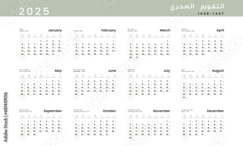 Hijri Islamic 1446-1447 and Gregorian calendar for 2025. Vector Annual Calendar template with week start Sunday.