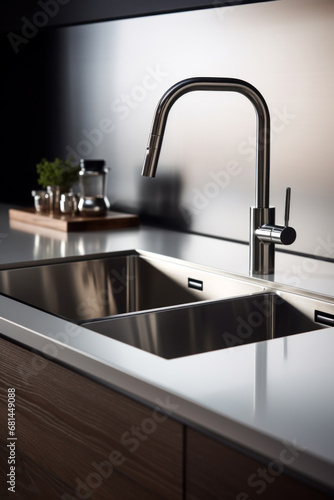 Running water from modern faucet in bright kitchen