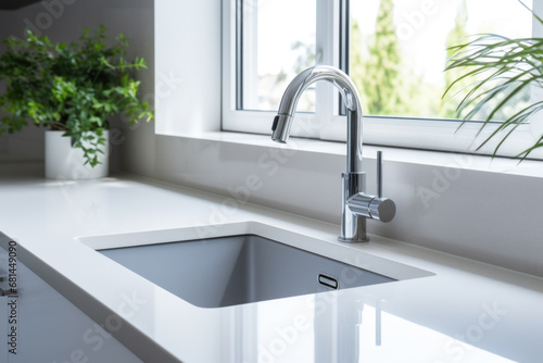 Sleek modern kitchen sink with faucet and greenery photo