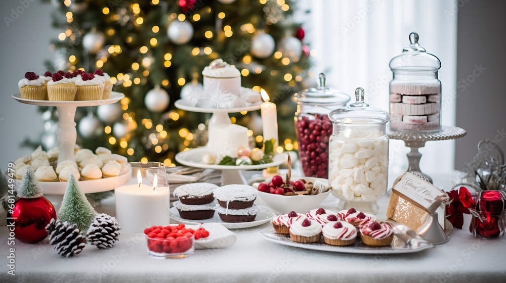 festive christmas dessert table with lights and holiday treats